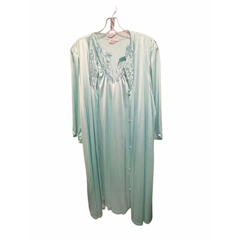Vintage Vanity Fair Aqua Blue Lace Nightgown & Robe Set